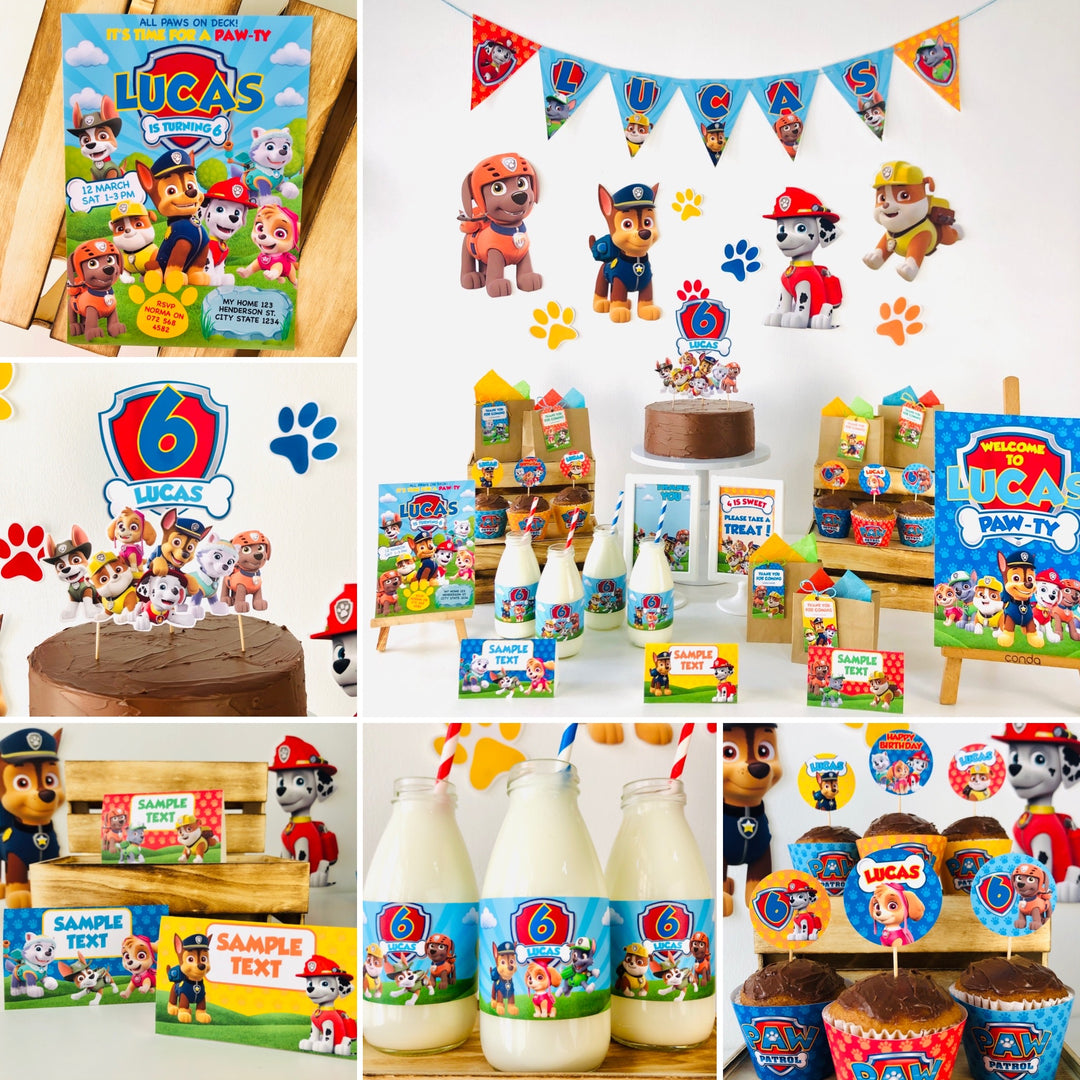 Paw Patrol party decorations with cake and banners