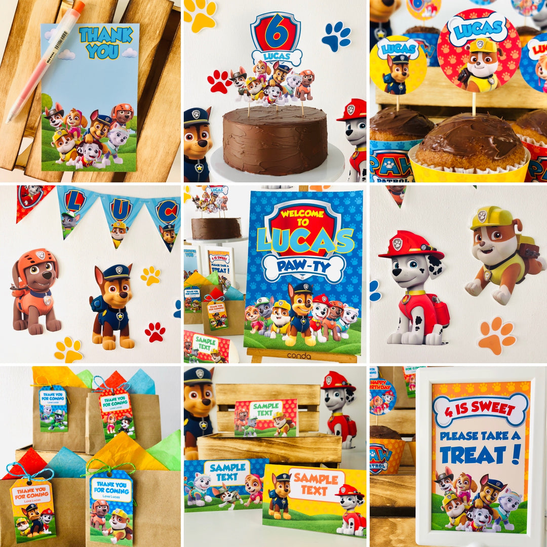 Paw Patrol themed thank you cards and cake toppers