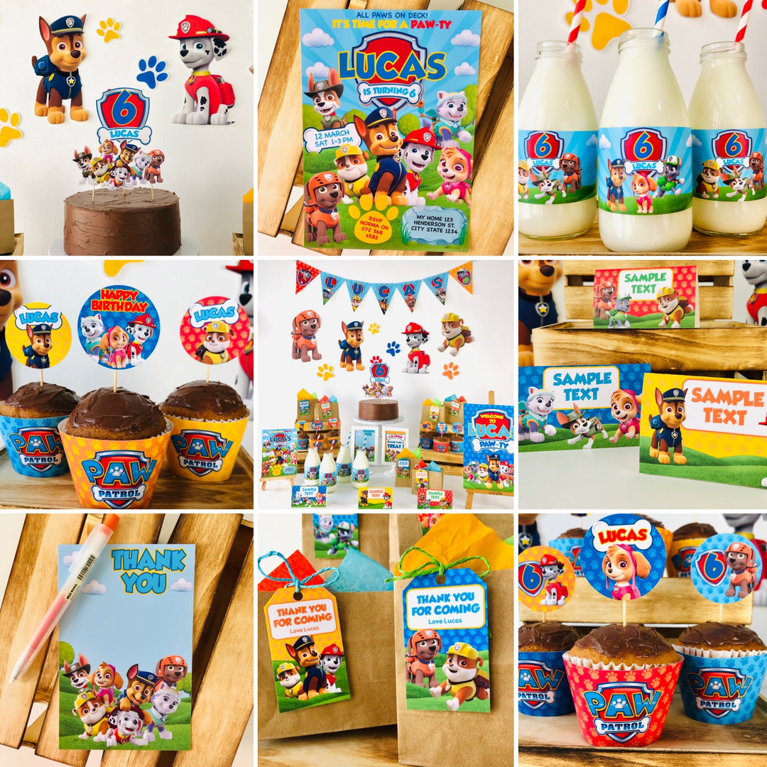 Paw Patrol birthday setup with cupcakes and decorations