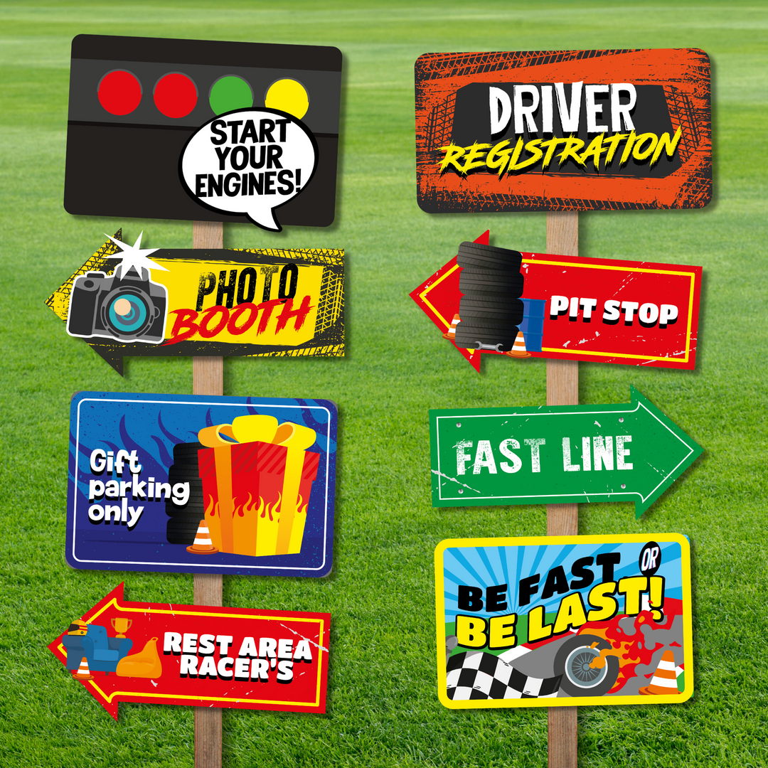 Auto World Racing Signs Racing Car Directional Signs | Pigsy Party Decoration – PigsyParty