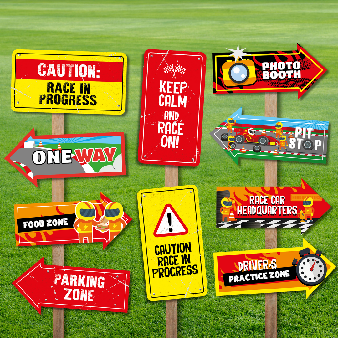 Auto World Racing Signs Racing Car Directional Signs | Pigsy Party Decoration – PigsyParty