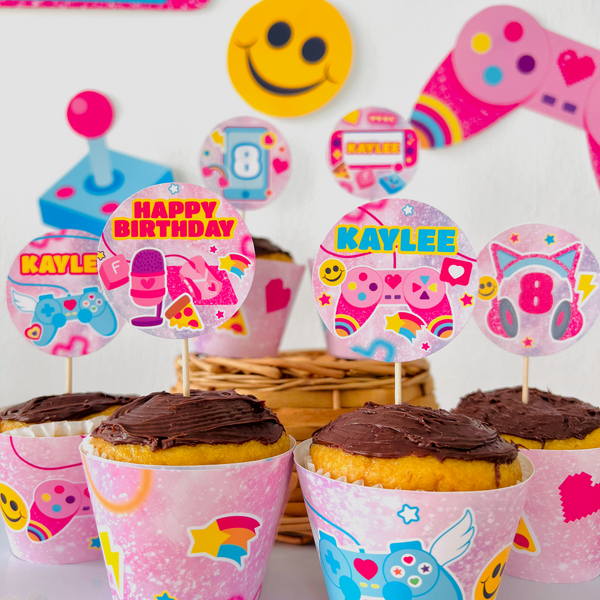 Editable pink gamer girl cupcake toppers featuring controller and headset in pink theme