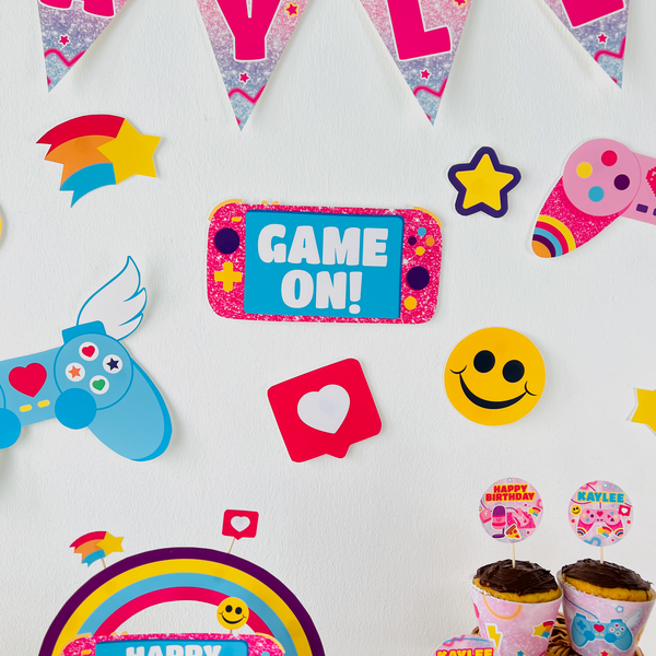 Pink gamer girl party cut-outs printable wall decor with 'Game On!' text