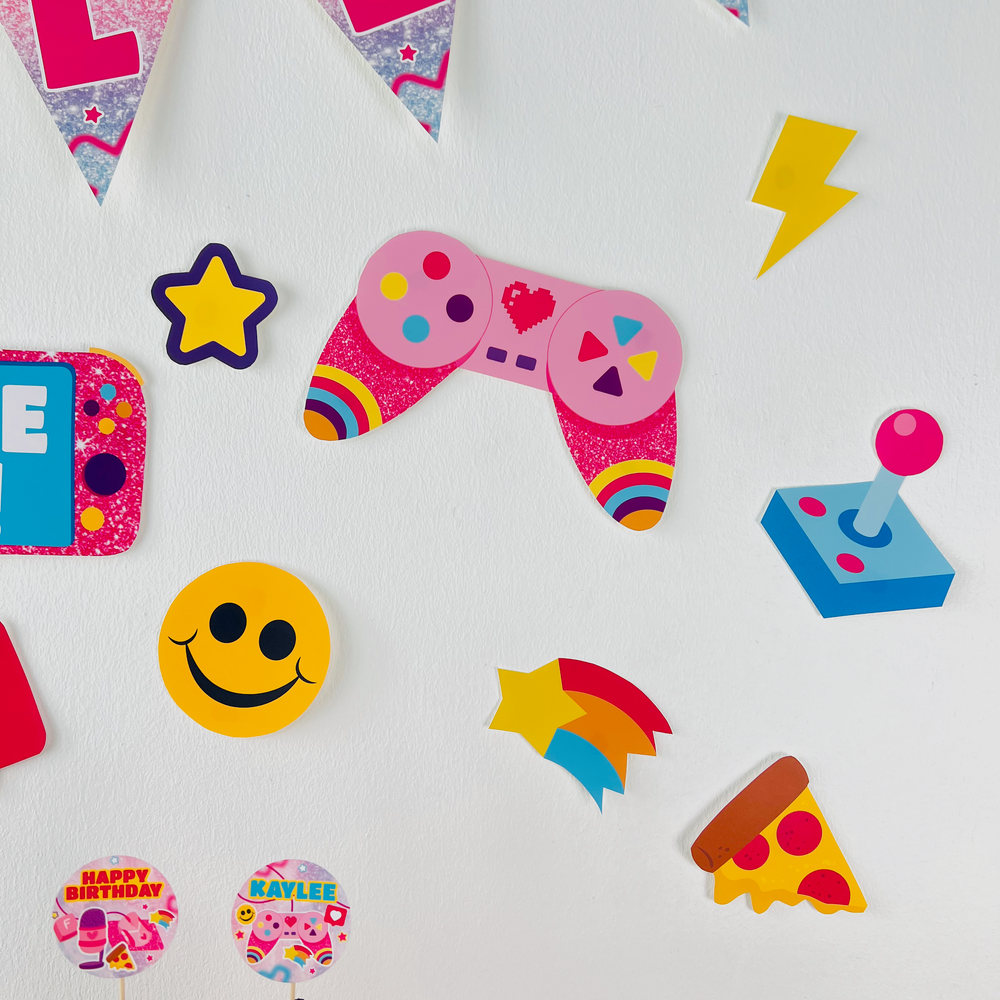 Gamer girl cut-out shapes pink video game theme