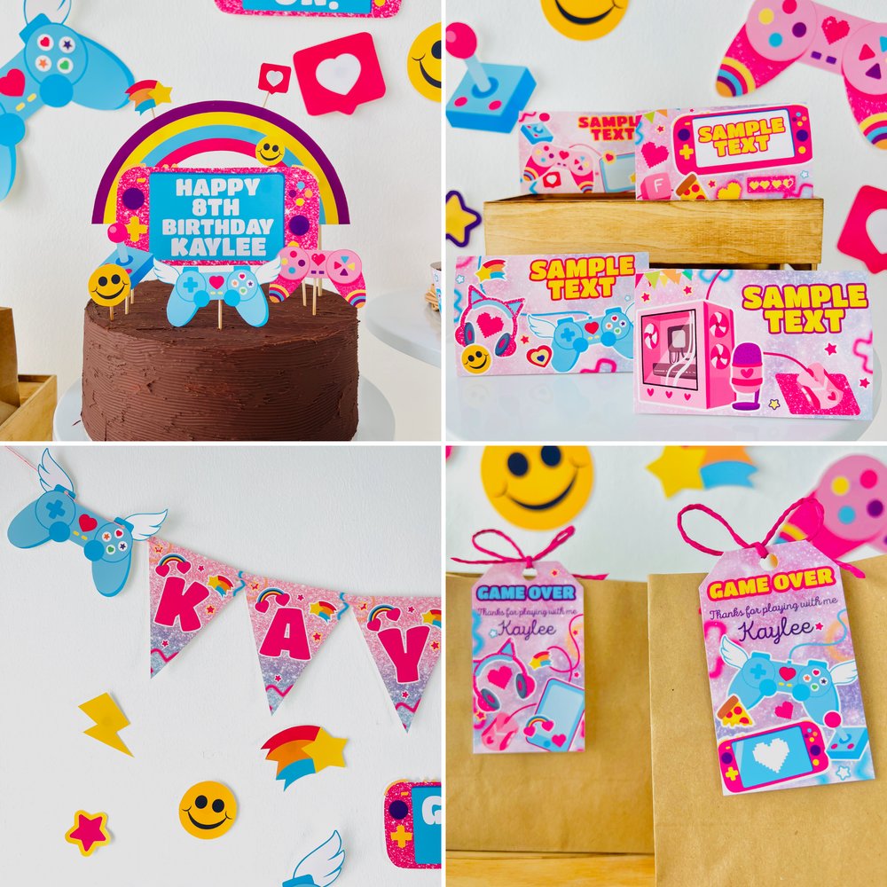 Editable Pink Gamer Girl decorations bundle instant download with controllers, headsets, pixels for complete birthday party setup