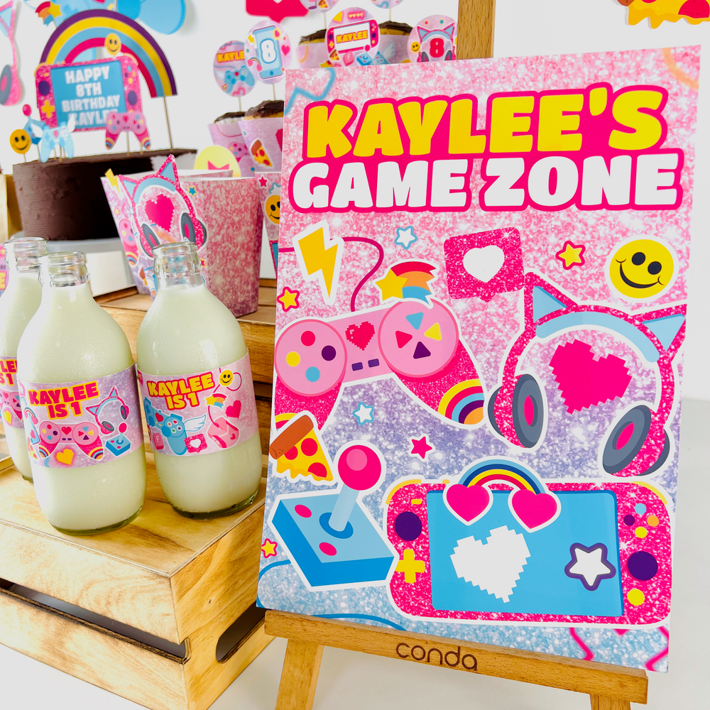 Editable gamer girl party welcome sign pink gaming theme