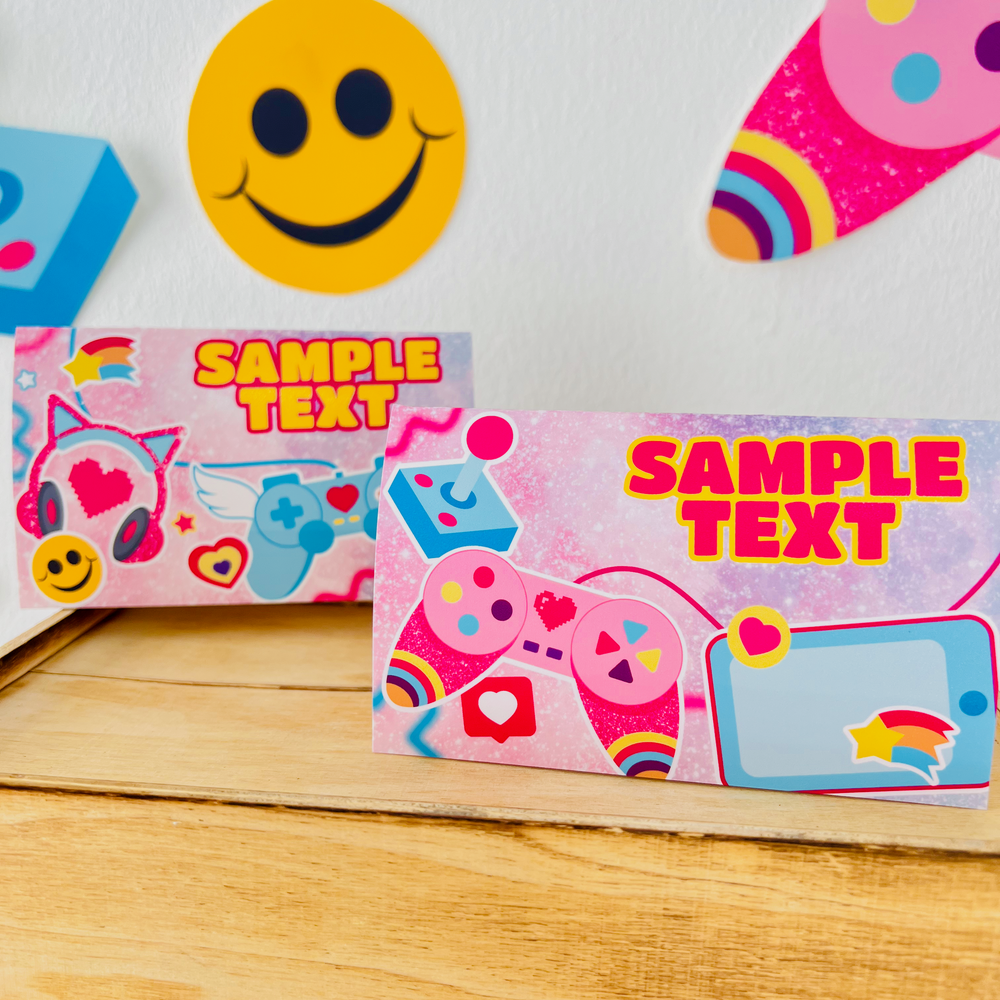 Printable pink gamer girl food labels mockup on buffet table with treats