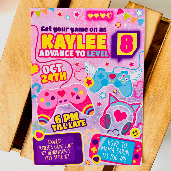 Pink gamer girl birthday invitation template featuring controller graphics and editable text fields for easy personalization